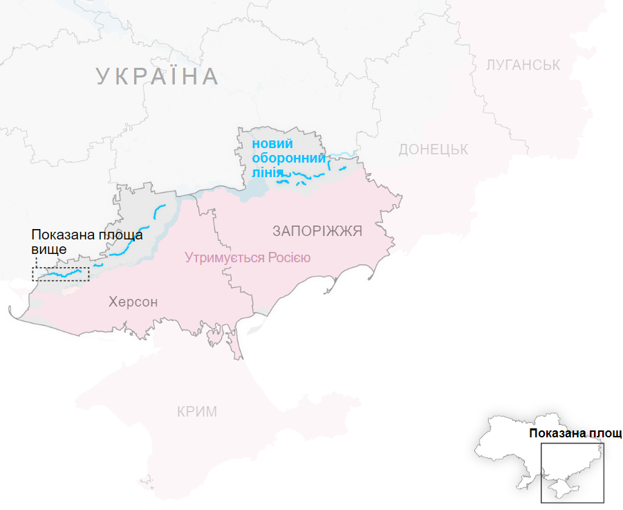 Примітка: на основі аналізу супутникових знімків. Оборонні лінії включають лише більші укріплення, такі як довгі протитанкові рови, і не включають менші оборонні споруди, такі як піхотні траншеї.
